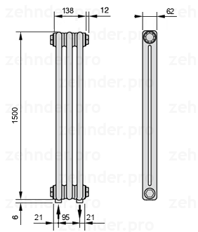 Схема (чертеж) Радиатор Zehnder Charleston 2150/3 №3570 Белый глянцевый RAL 9016